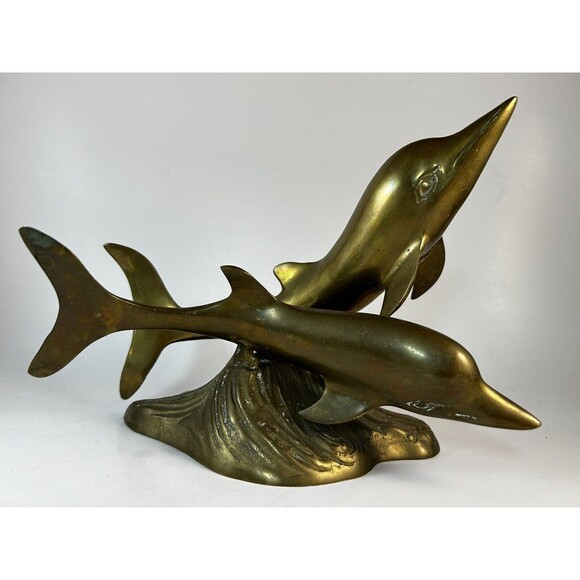 Brass Dolphins Tabletop Statue Figurine 9” Patina See Pics - Picture 2 of 7